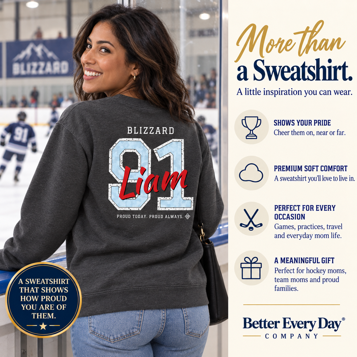 Personalized Hockey Family Jersey Sweatshirt - Proud Today. Proud Always. | Mom, Dad, Nana, Coach & More | Custom Team Name, Number & Player Name | Gildan Crewneck