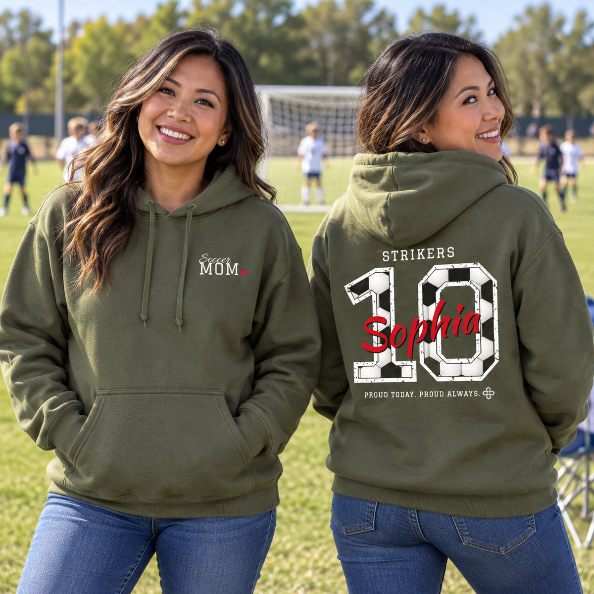 Personalized Soccer Family Jersey Hoodie - Proud Today. Proud Always. | Mom, Dad, Nana, Coach & More | Custom Team Name, Number & Player Name | Gildan Hoodie
