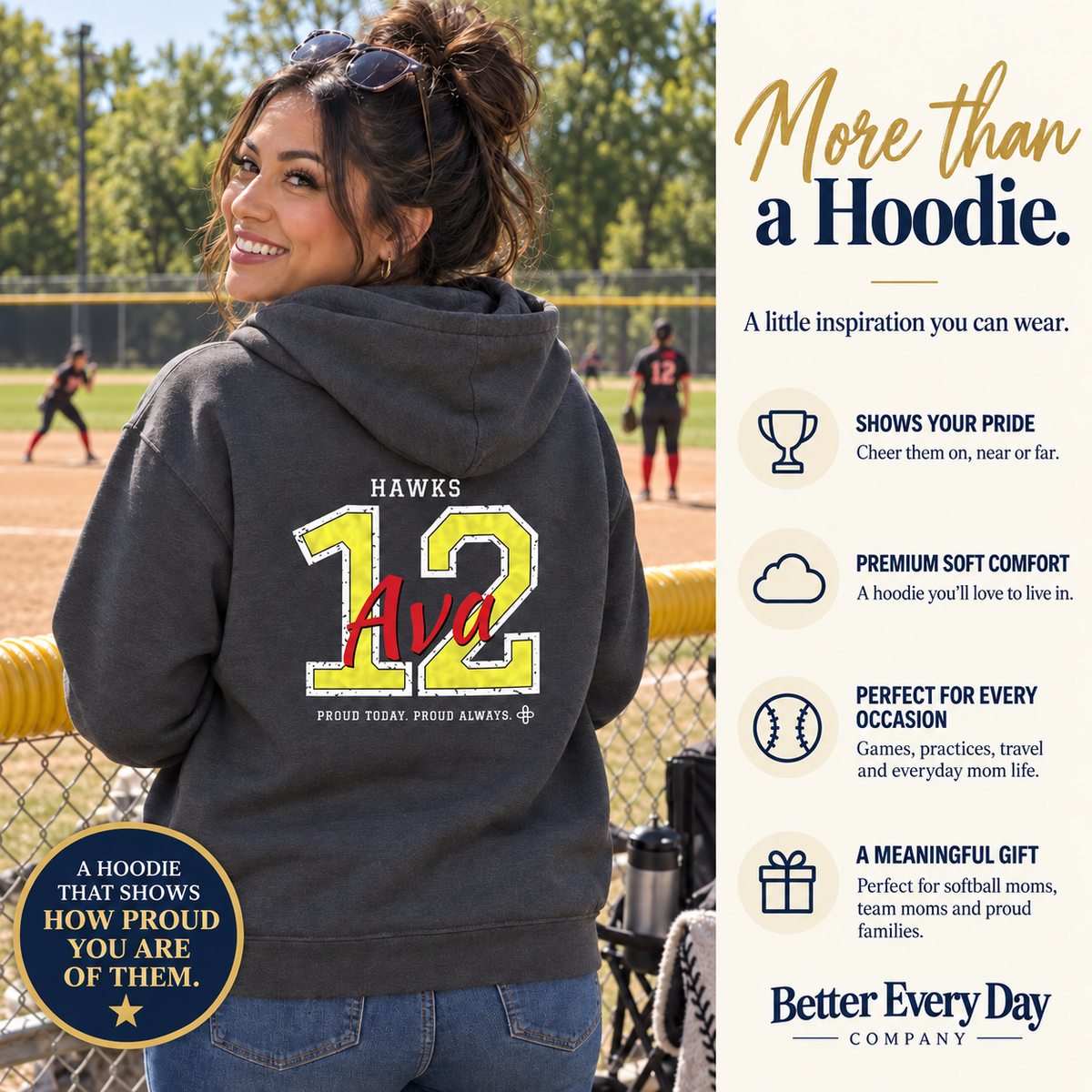 Personalized Softball Family Jersey Hoodie - Proud Today. Proud Always. | Mom, Dad, Nana, Coach & More | Custom Team Name, Number & Player Name | Gildan Hoodie