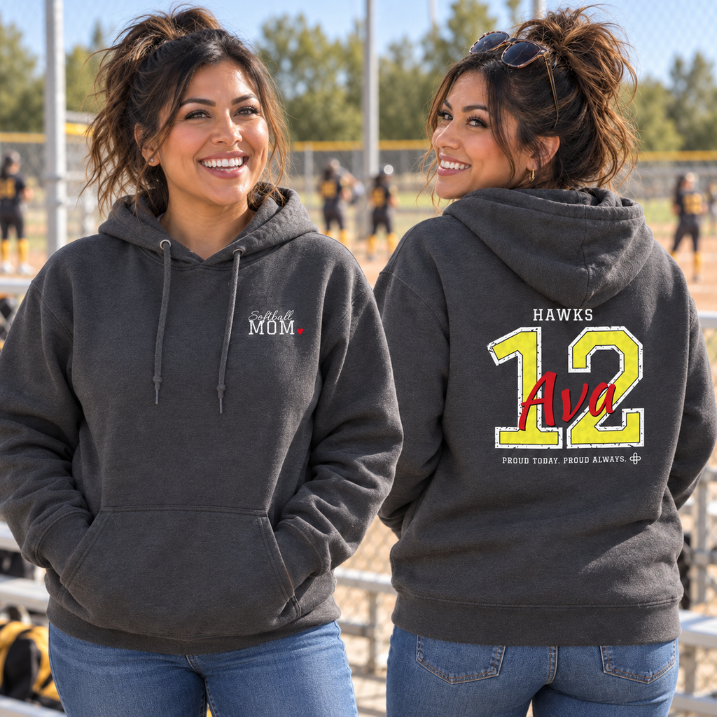 Personalized Softball Family Jersey Hoodie - Proud Today. Proud Always. | Mom, Dad, Nana, Coach & More | Custom Team Name, Number & Player Name | Gildan Hoodie