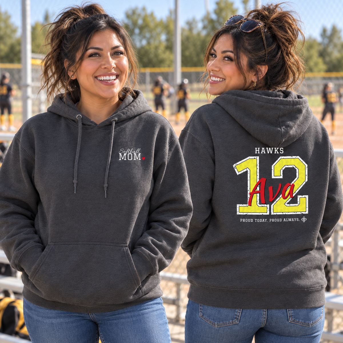 Personalized Softball Family Jersey Hoodie - Proud Today. Proud Always. | Mom, Dad, Nana, Coach & More | Custom Team Name, Number & Player Name | Gildan Hoodie