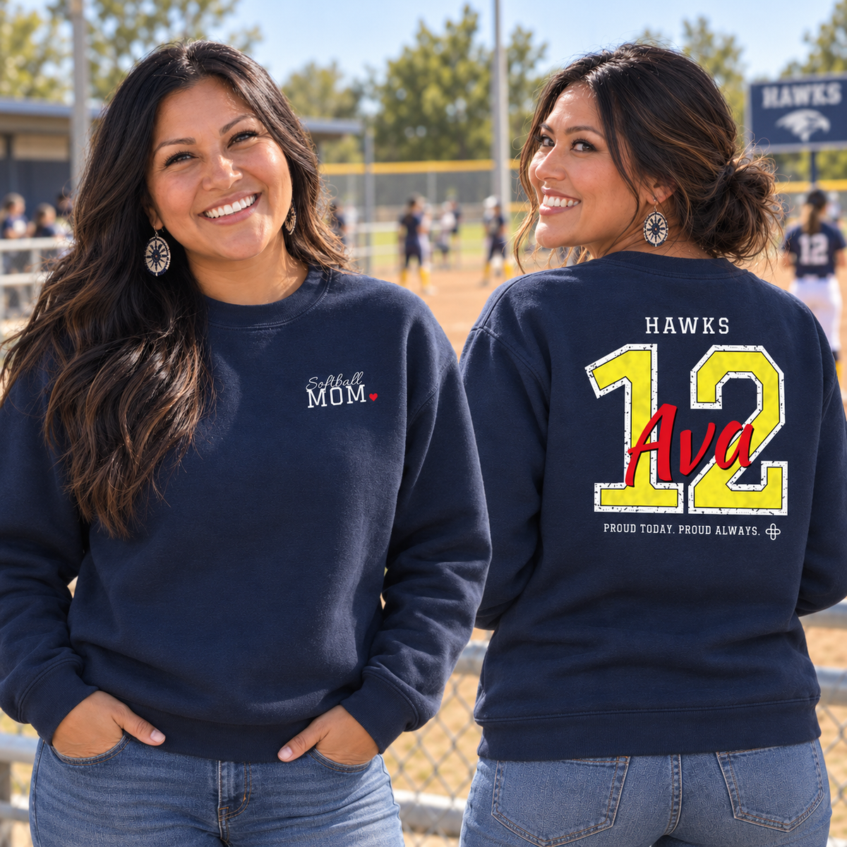 Personalized Softball Family Jersey Sweatshirt - Proud Today. Proud Always. | Mom, Dad, Nana, Coach & More | Custom Team Name, Number & Player Name | Gildan Crewneck