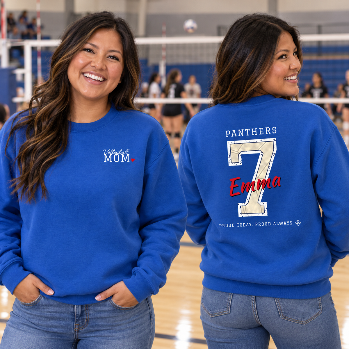 Personalized Volleyball Family Jersey Sweatshirt - Proud Today. Proud Always. | Mom, Dad, Nana, Coach & More | Custom Team Name, Number & Player Name | Gildan Crewneck