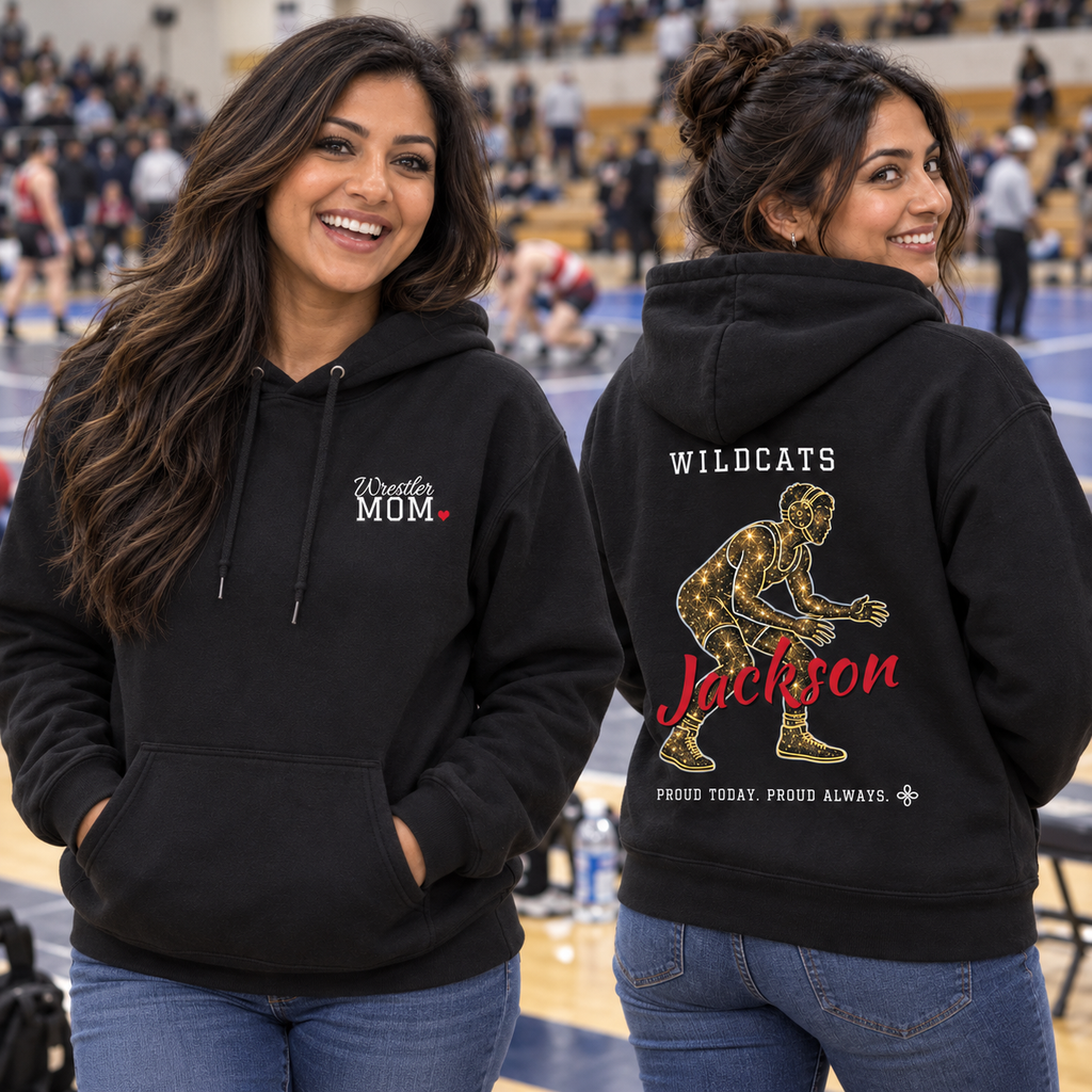 Front and back of the personalized Wrestling Mom jersey hoodie