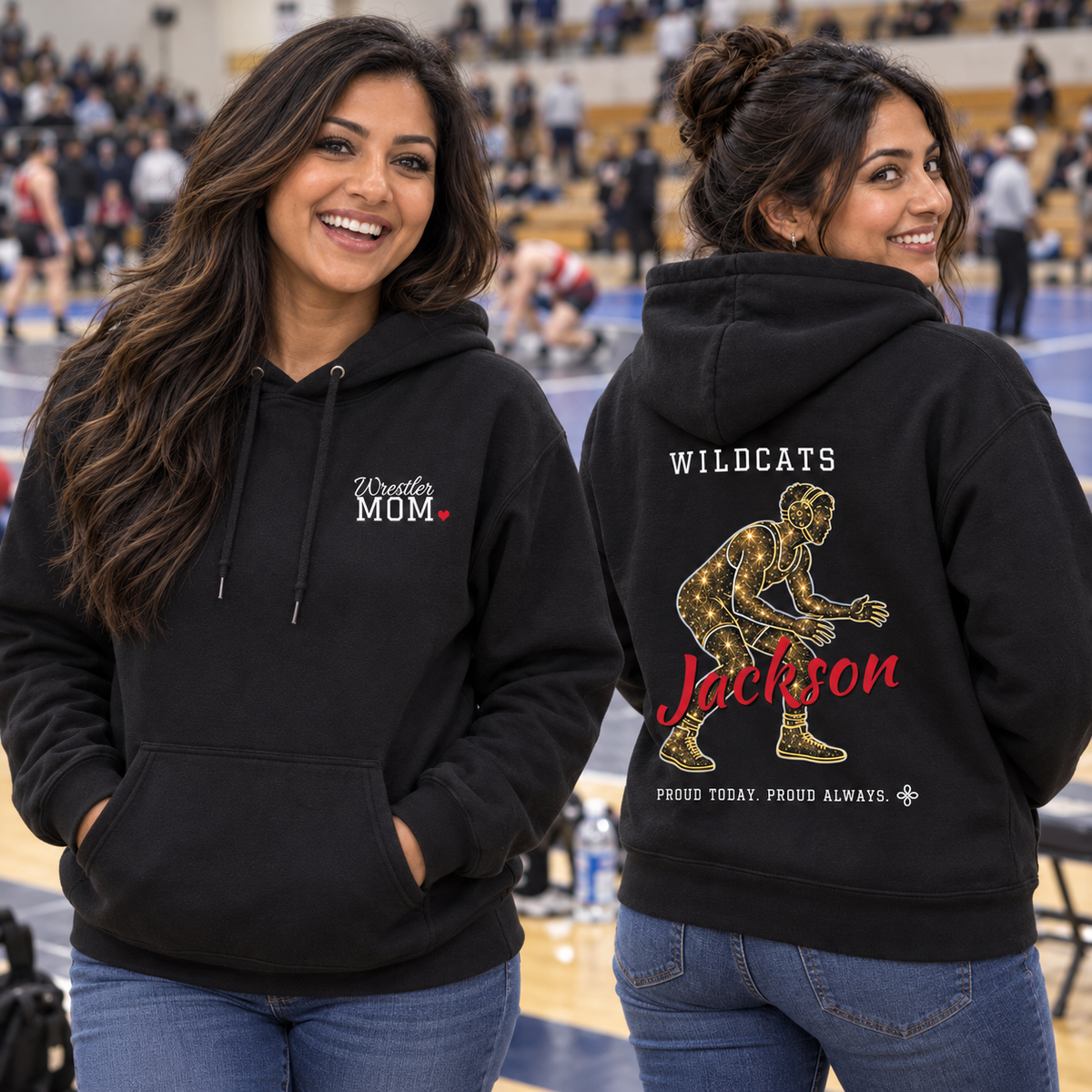 Front and back of the personalized Wrestling Mom jersey hoodie