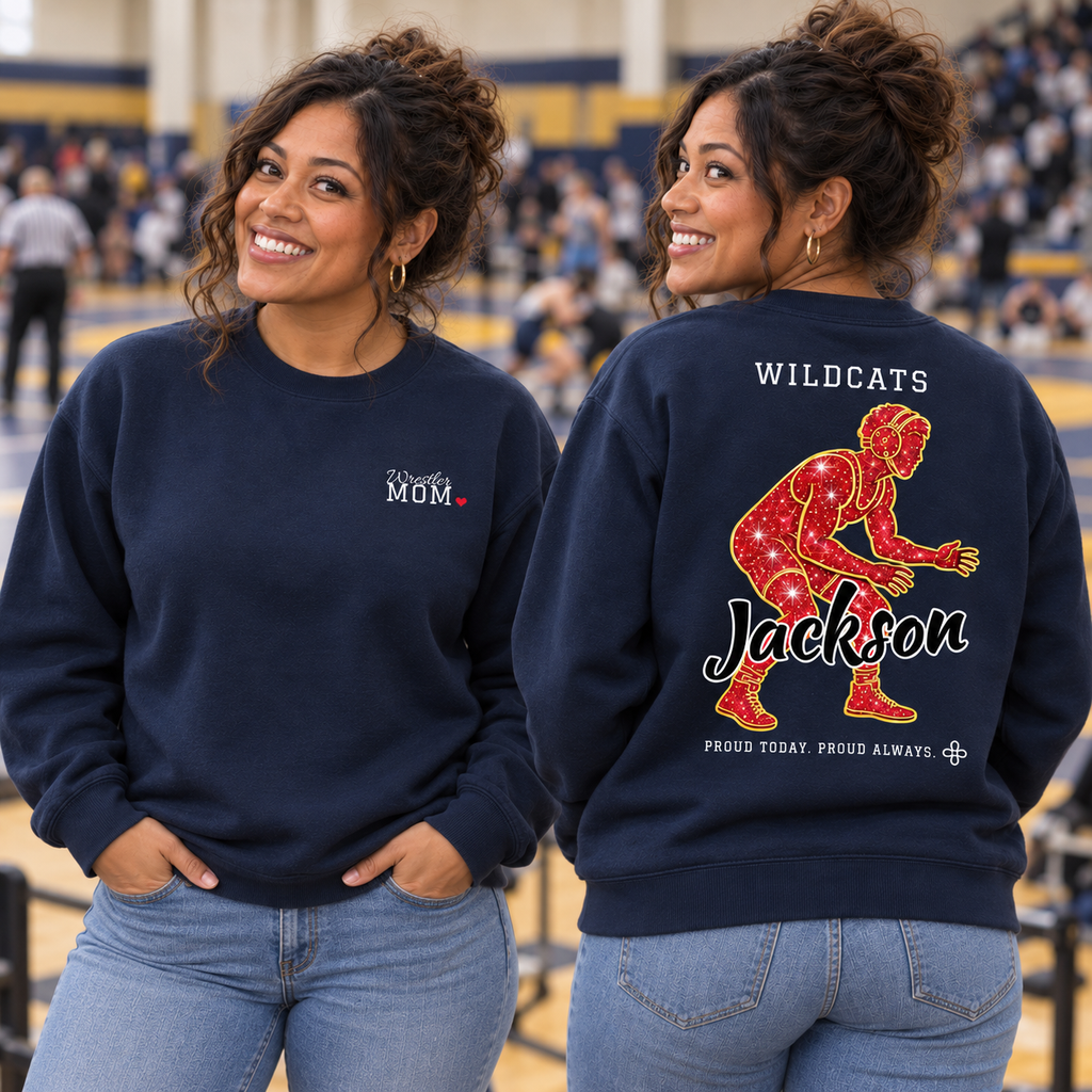 Front and back of the personalized Wrestling Mom jersey sweatshirt