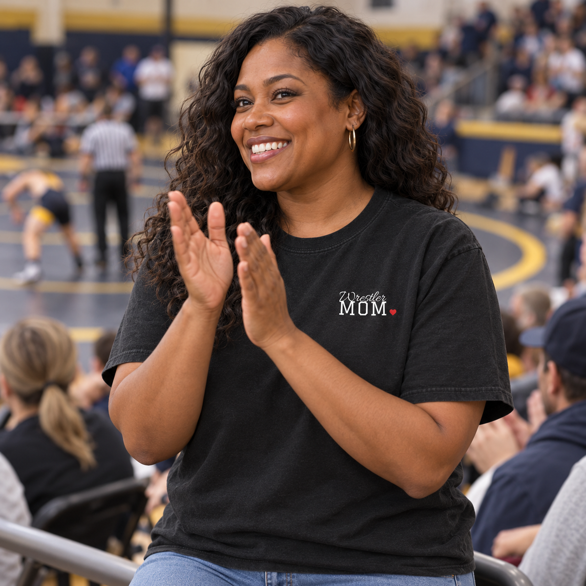 Wrestling mom wearing the personalized jersey tee