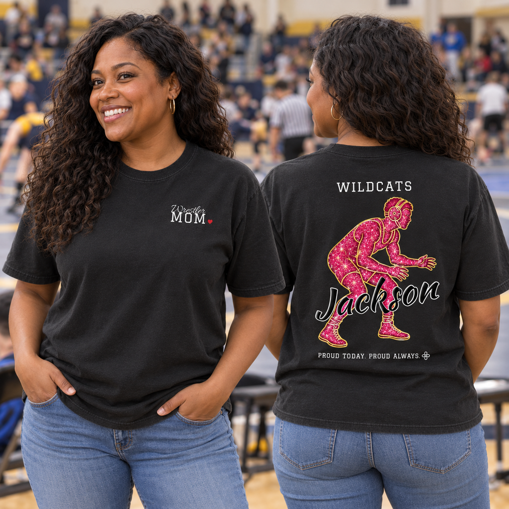 Front and back of the personalized Wrestling Mom jersey tee