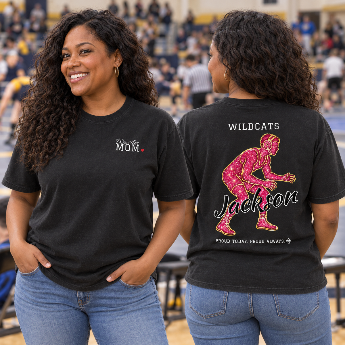 Front and back of the personalized Wrestling Mom jersey tee