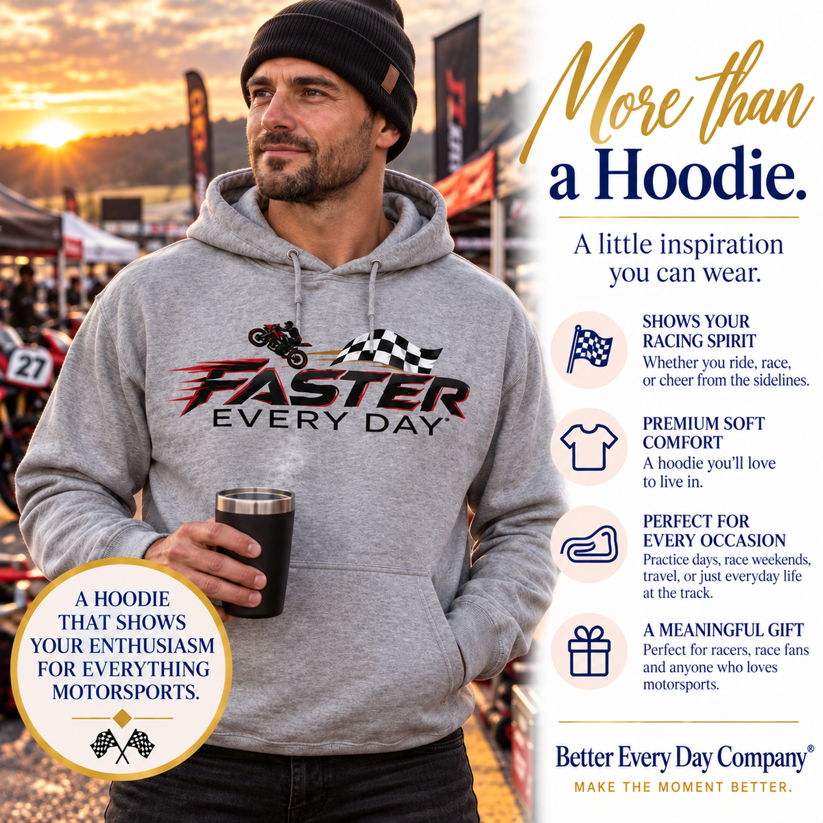 Faster Every Day Dragster Hoodie | Driven to Be Better | Front Logo and Back Print | Gildan Hoodie