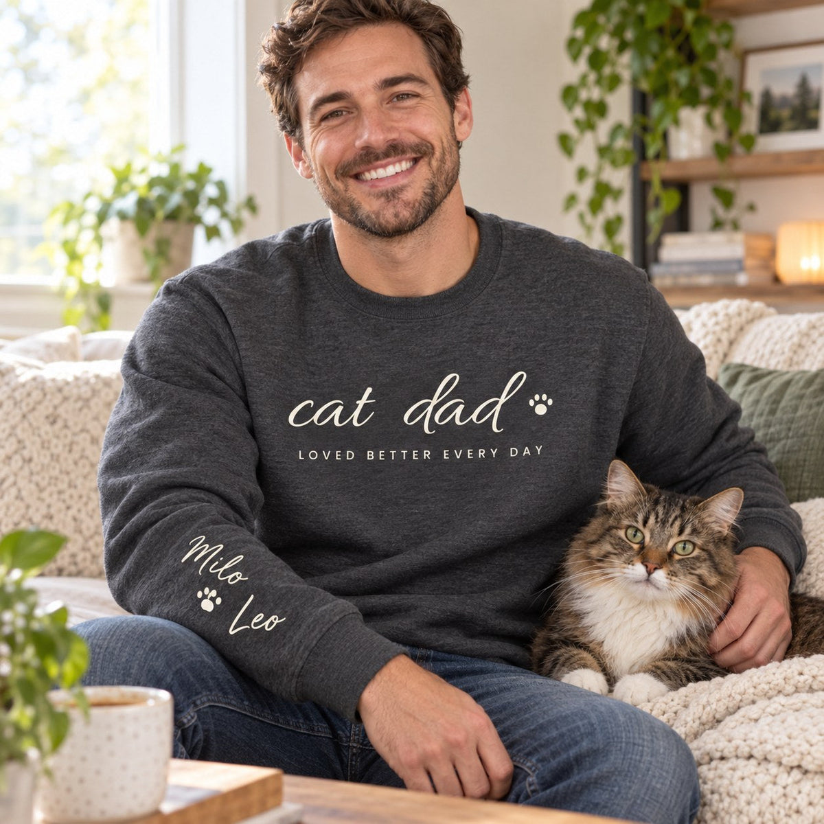 Personalized Cat Dad Sweatshirt - lifestyle photo with pet names on the sleeve