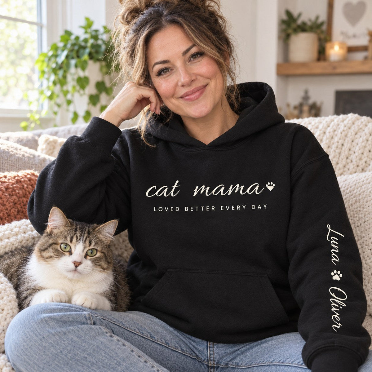 Personalized Cat Mama Hoodie - lifestyle photo with pet names on the sleeve