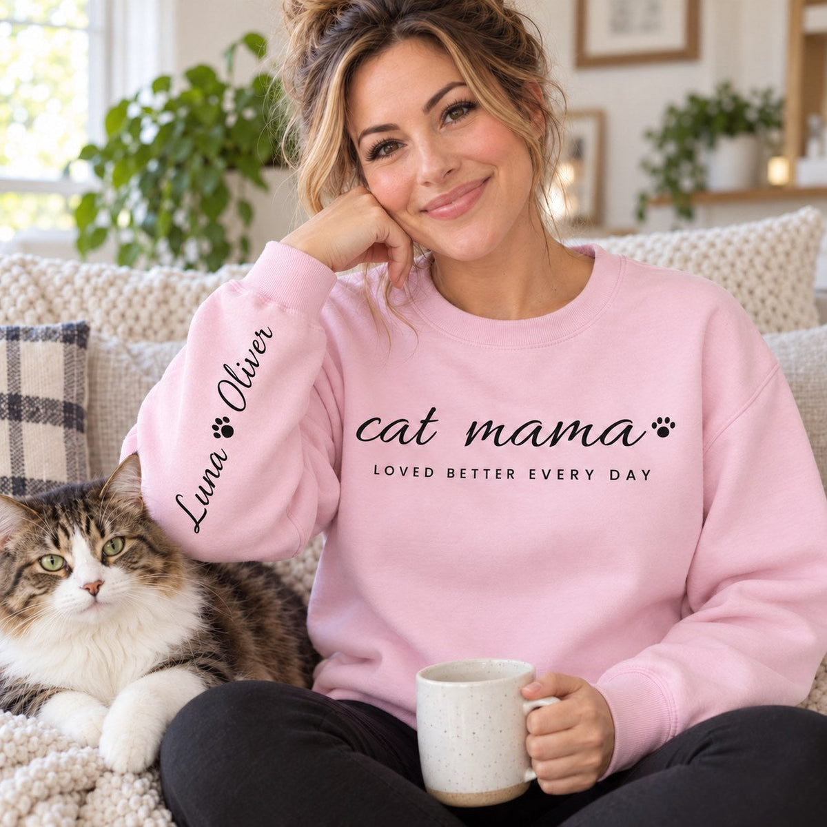 Personalized Cat Mama Sweatshirt - lifestyle photo with pet names on the sleeve