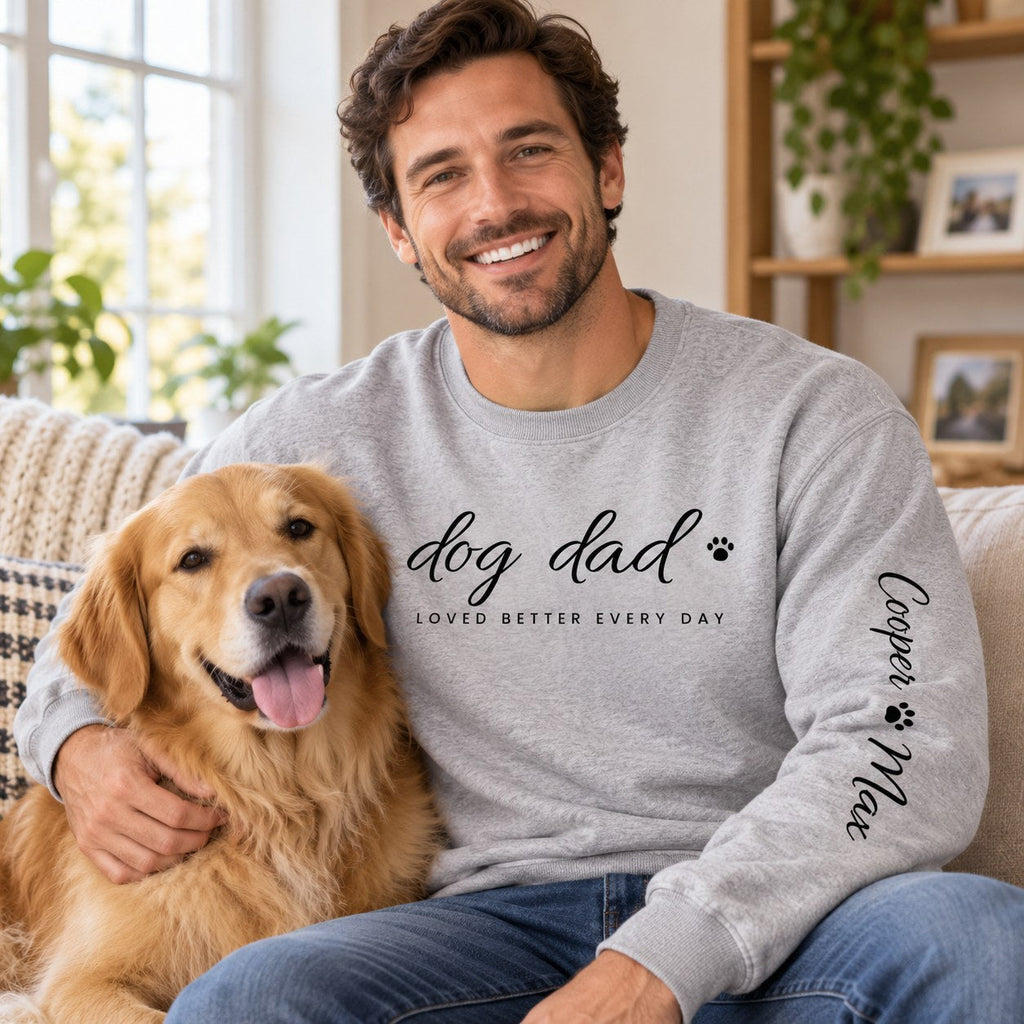 Personalized Dog Dad Sweatshirt - lifestyle photo with pet names on the sleeve