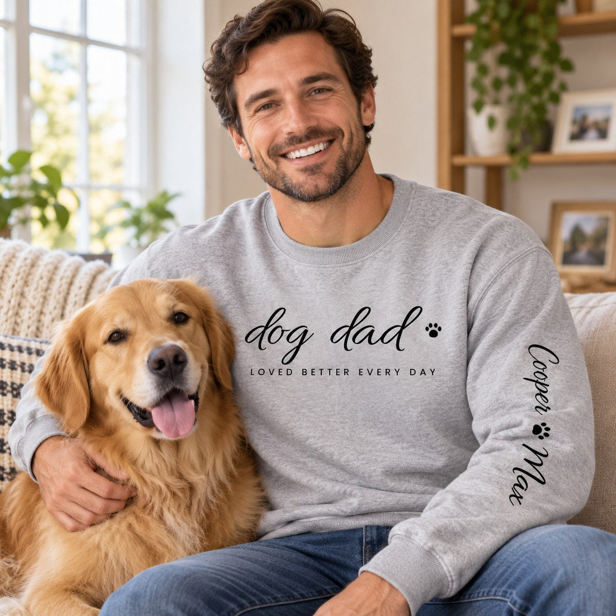 Personalized Dog Dad Sweatshirt - lifestyle photo with pet names on the sleeve