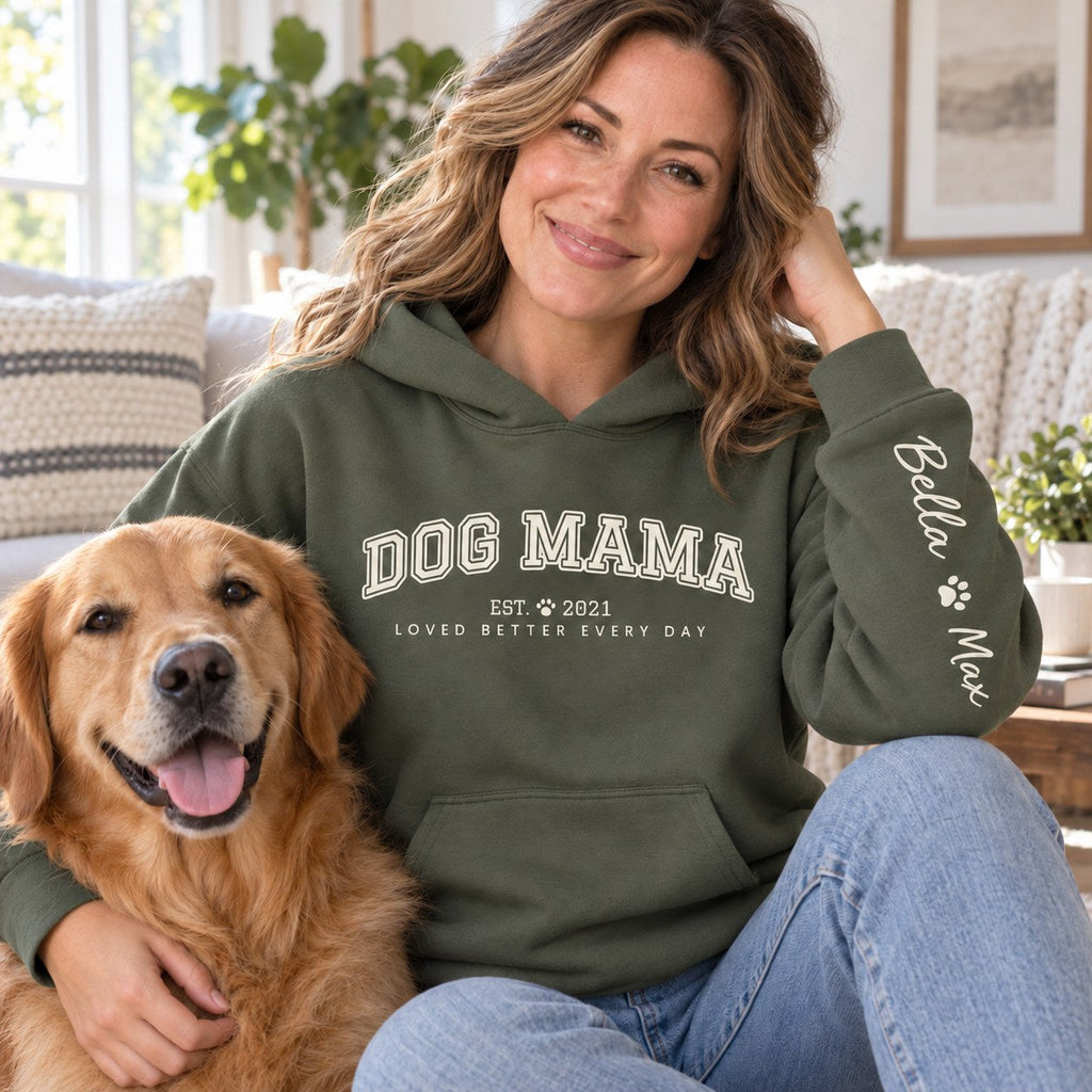 Personalized Dog Mama Hoodie - lifestyle photo with pet names on the sleeve