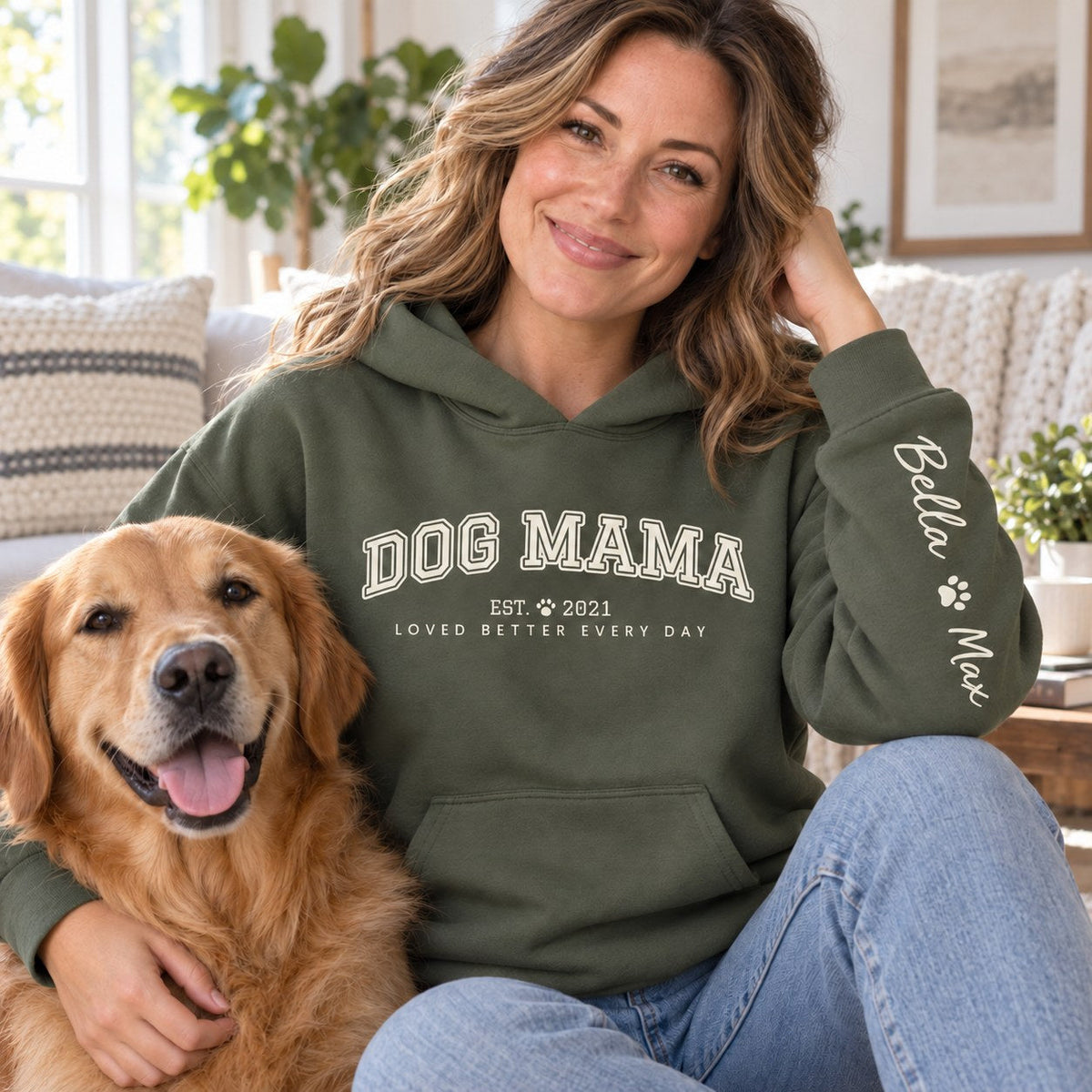 Personalized Dog Mama Hoodie - lifestyle photo with pet names on the sleeve