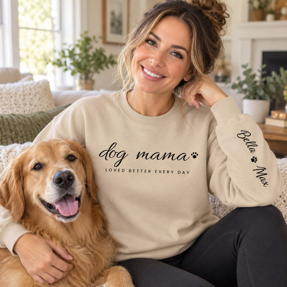 Personalized Dog Mama Sweatshirt - lifestyle photo with pet names on the sleeve