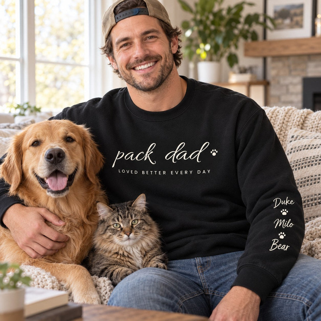 Personalized Pack Dad Sweatshirt - lifestyle photo with pet names on the sleeve