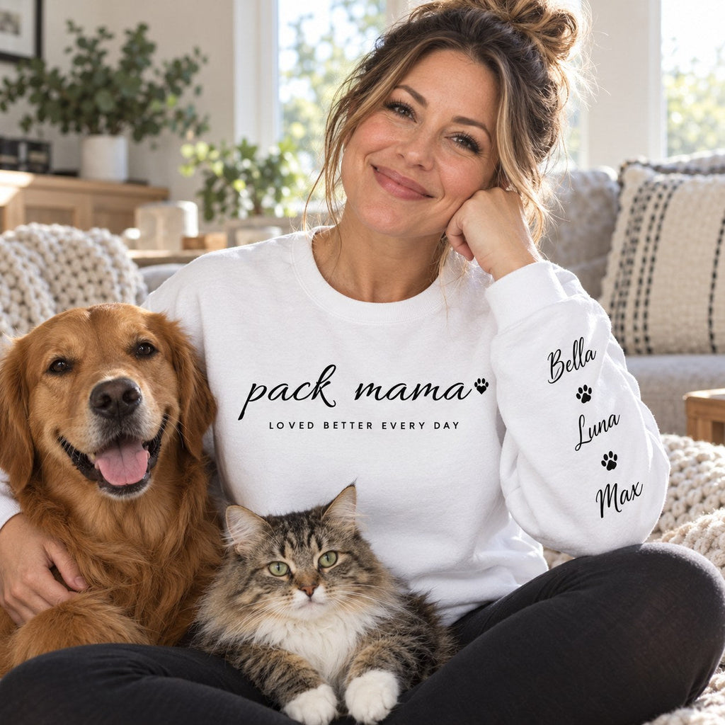 Personalized Pack Mama Sweatshirt - lifestyle photo with pet names on the sleeve