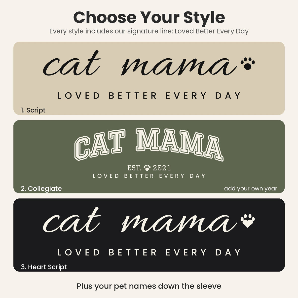 Personalized Cat Mama Sweatshirt - choose your style: Script, Collegiate or Heart Script