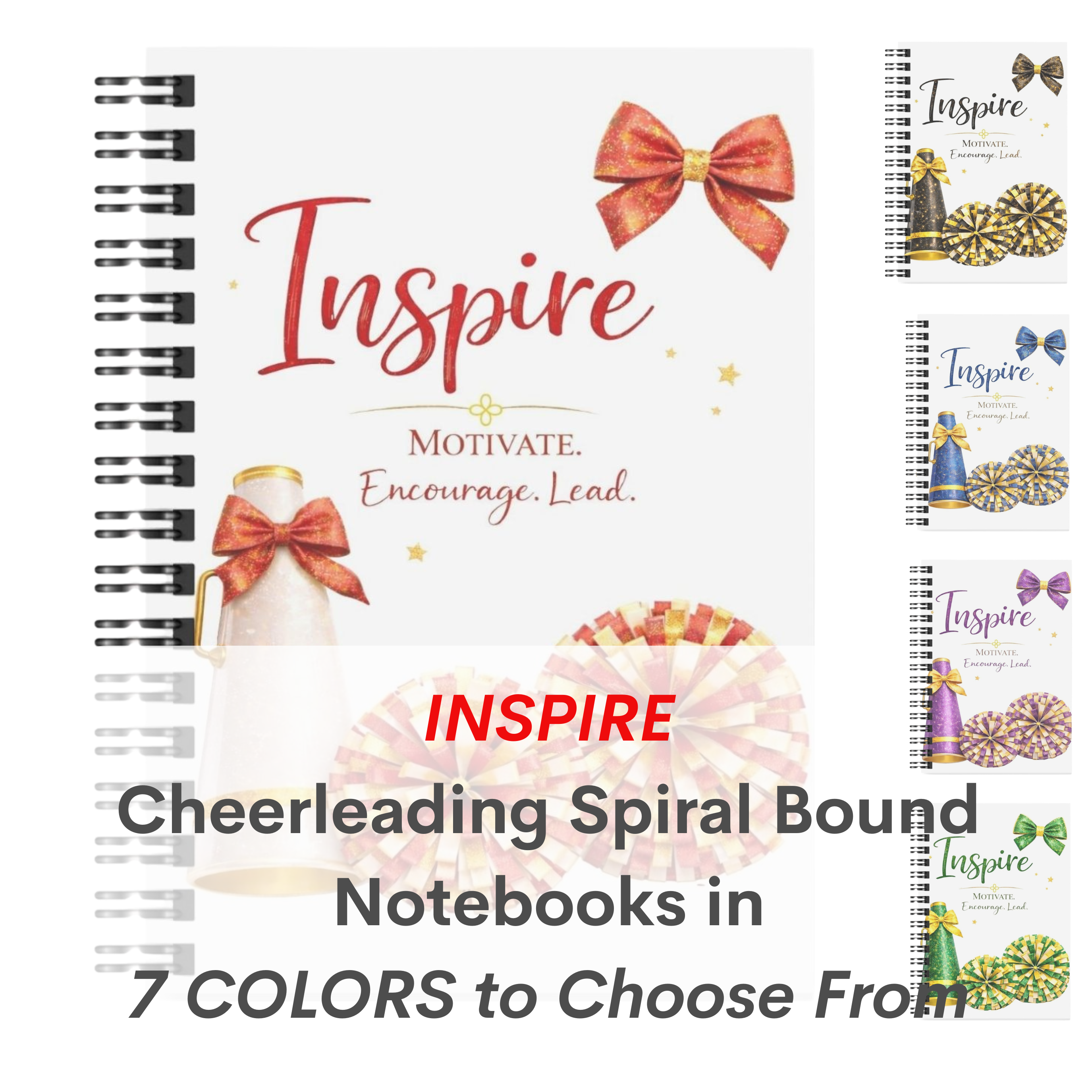 Inspire - Cheerleading Notebook - 7 Colors, 8.5"x11" Wide Ruled Blank Notebook, Spiral Bound
