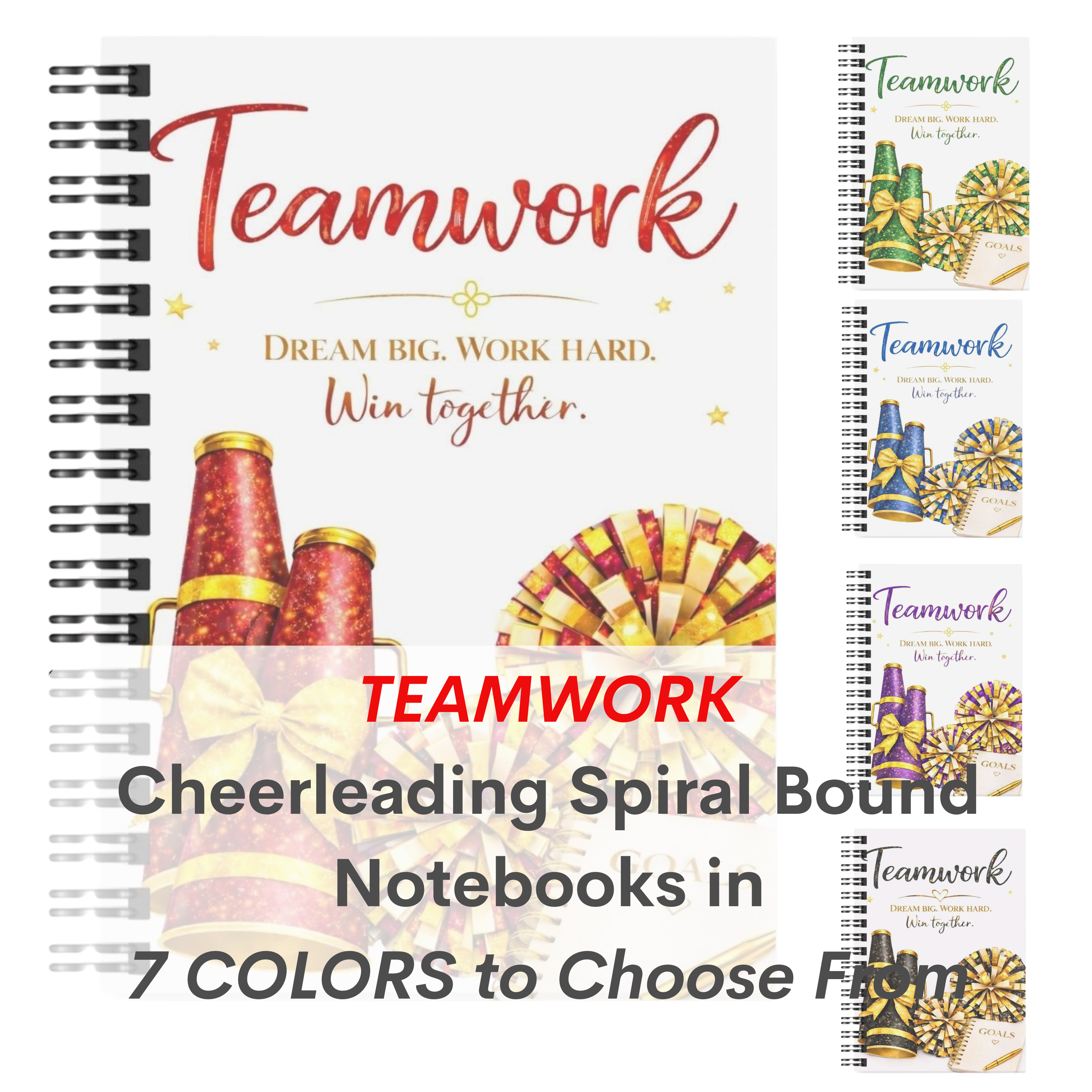 Teamwork - Cheerleading Notebook 8.5"x11" Wide Ruled Blank Notebook, Spiral Bound, 7 Colors