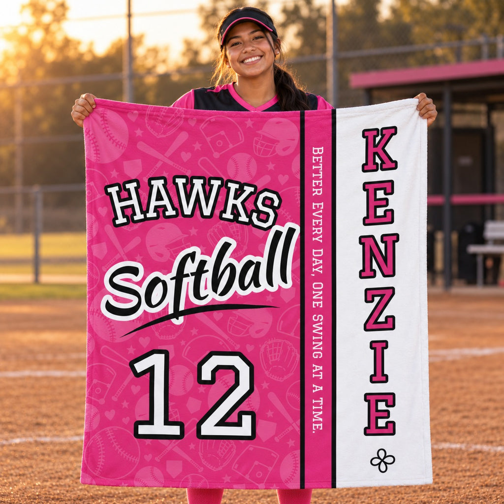Personalized softball blanket varsity split design held by a player on the field