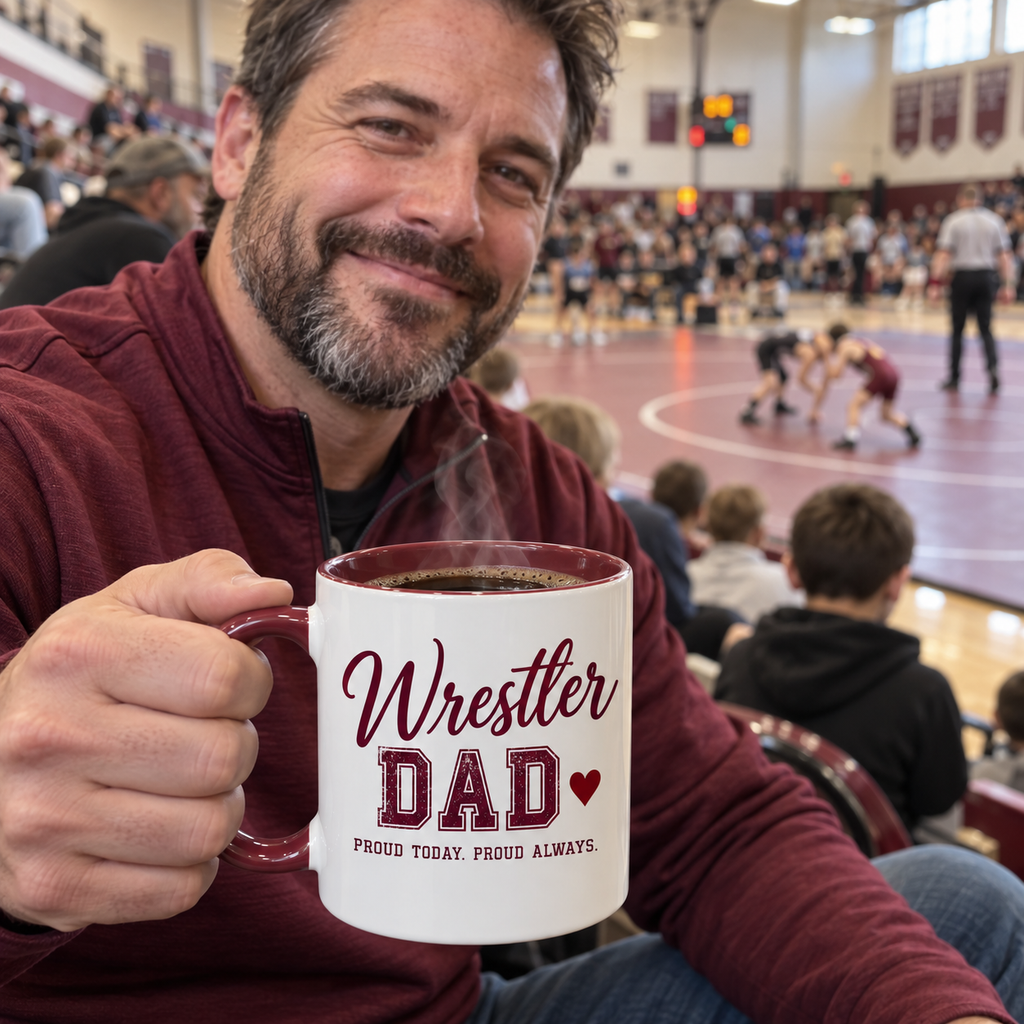 Wrestling dad at a tournament holding a personalized Wrestler Dad mug
