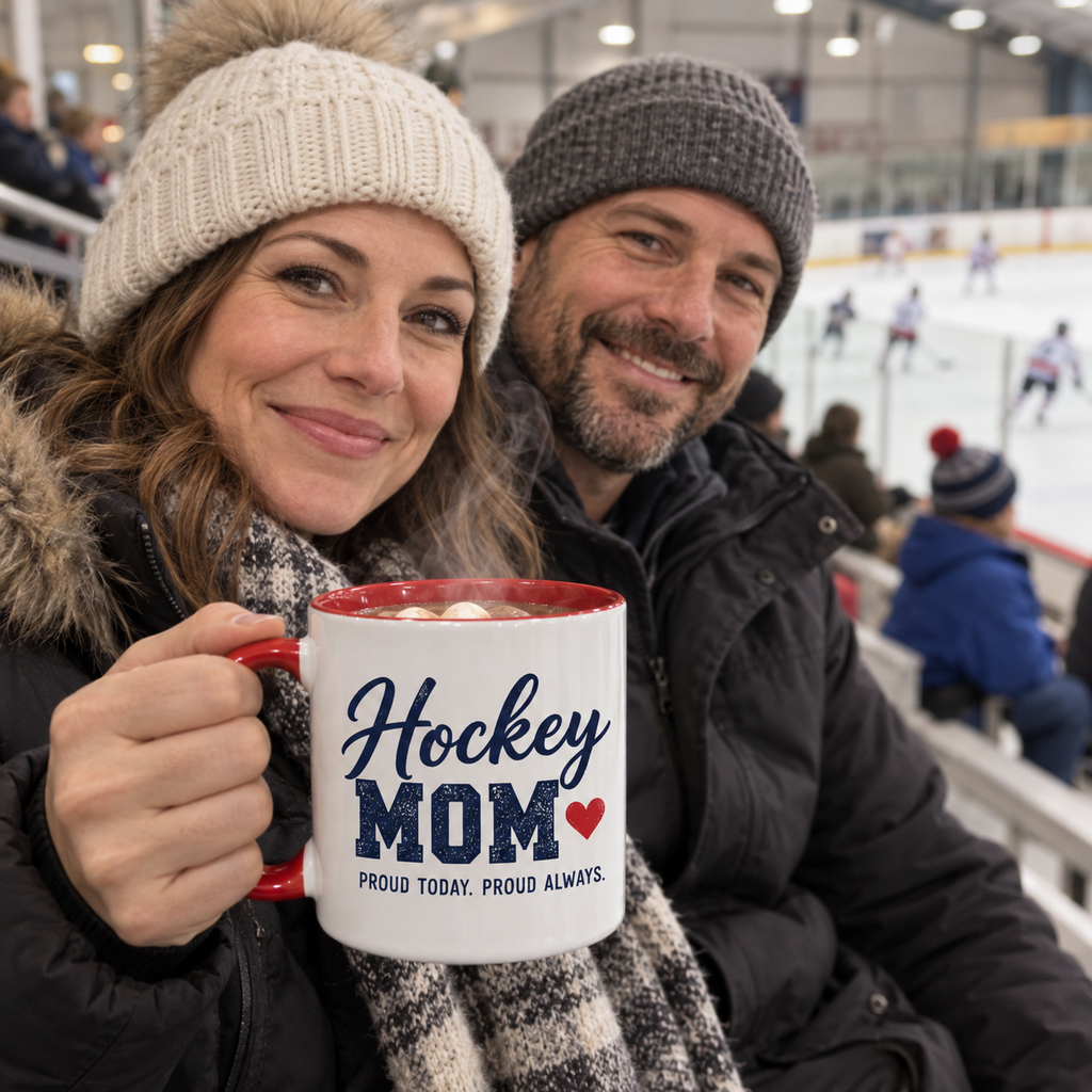 Hockey mom and dad at the rink holding a personalized Hockey Mom mug