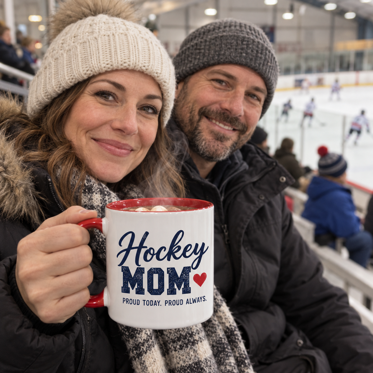 Hockey mom and dad at the rink holding a personalized Hockey Mom mug