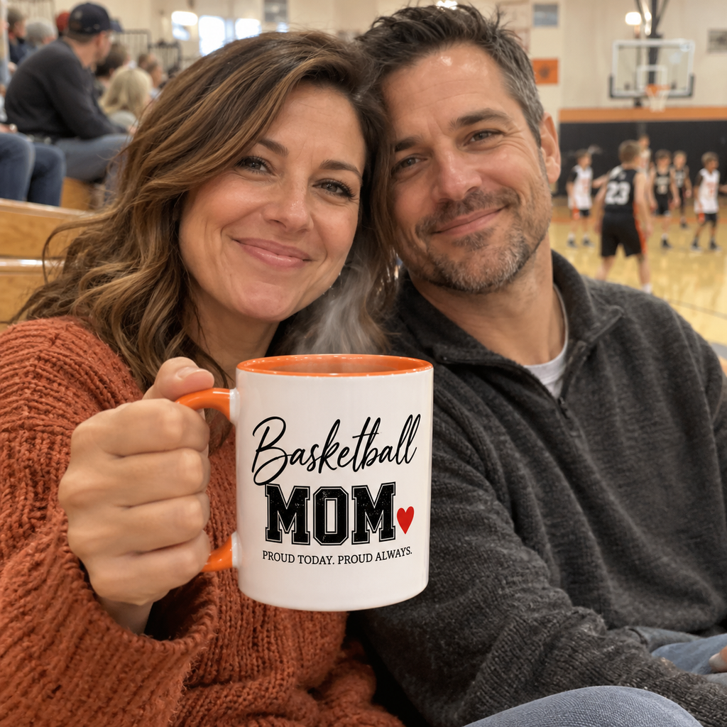 Basketball mom at the game holding a personalized Basketball Mom mug