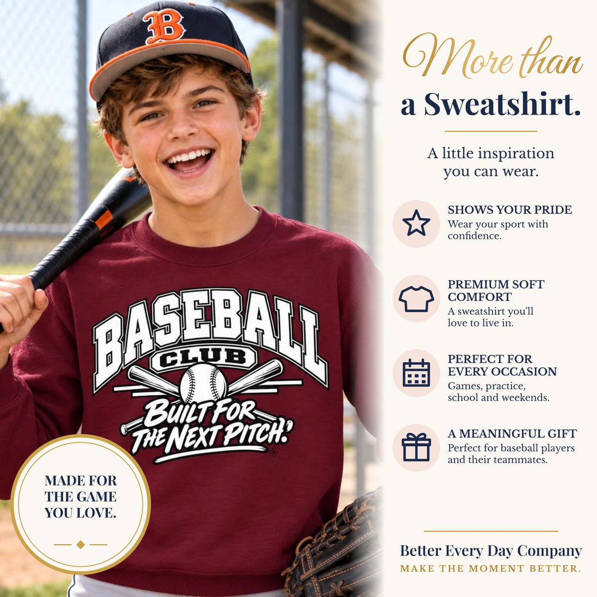 BED-SET-v1 banner | Baseball Club Sweatshirt | Built for the Next Pitch | Baseball Gildan Crewneck