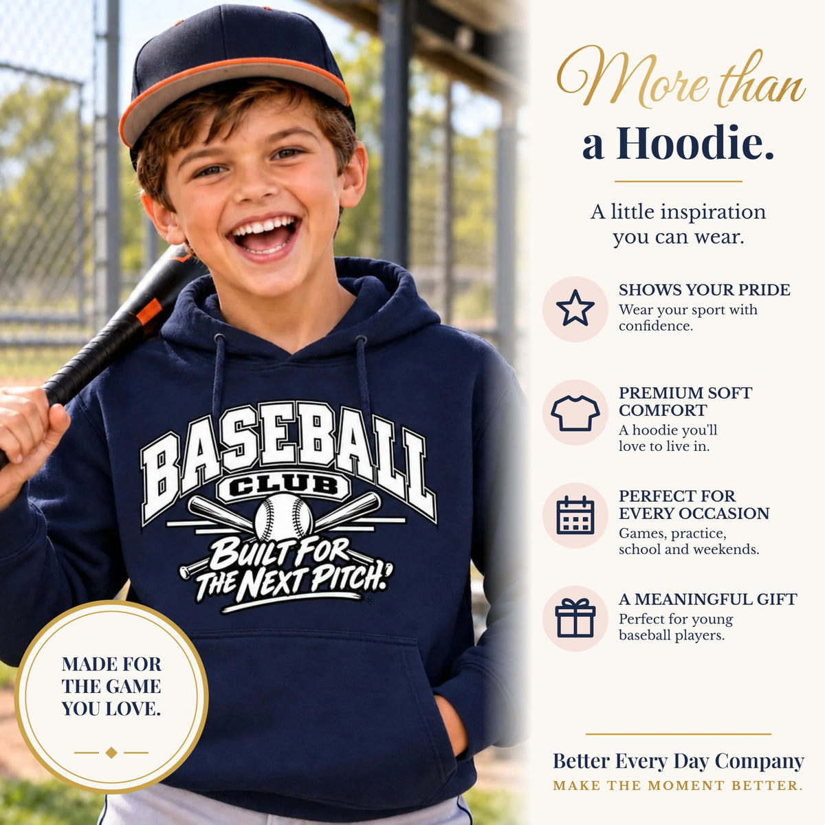 BED-SET-v1 banner | Baseball Club Youth Hoodie | Built for the Next Pitch | Kids Baseball Youth Hoodie