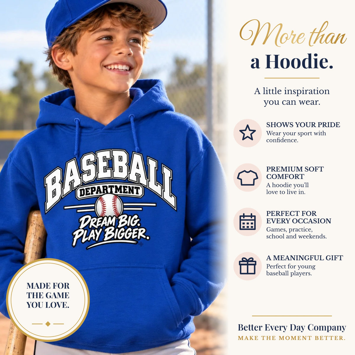 BED-SET-v1 banner | Baseball Department Youth Hoodie | Dream Big, Play Bigger | Kids Baseball Youth Hoodie