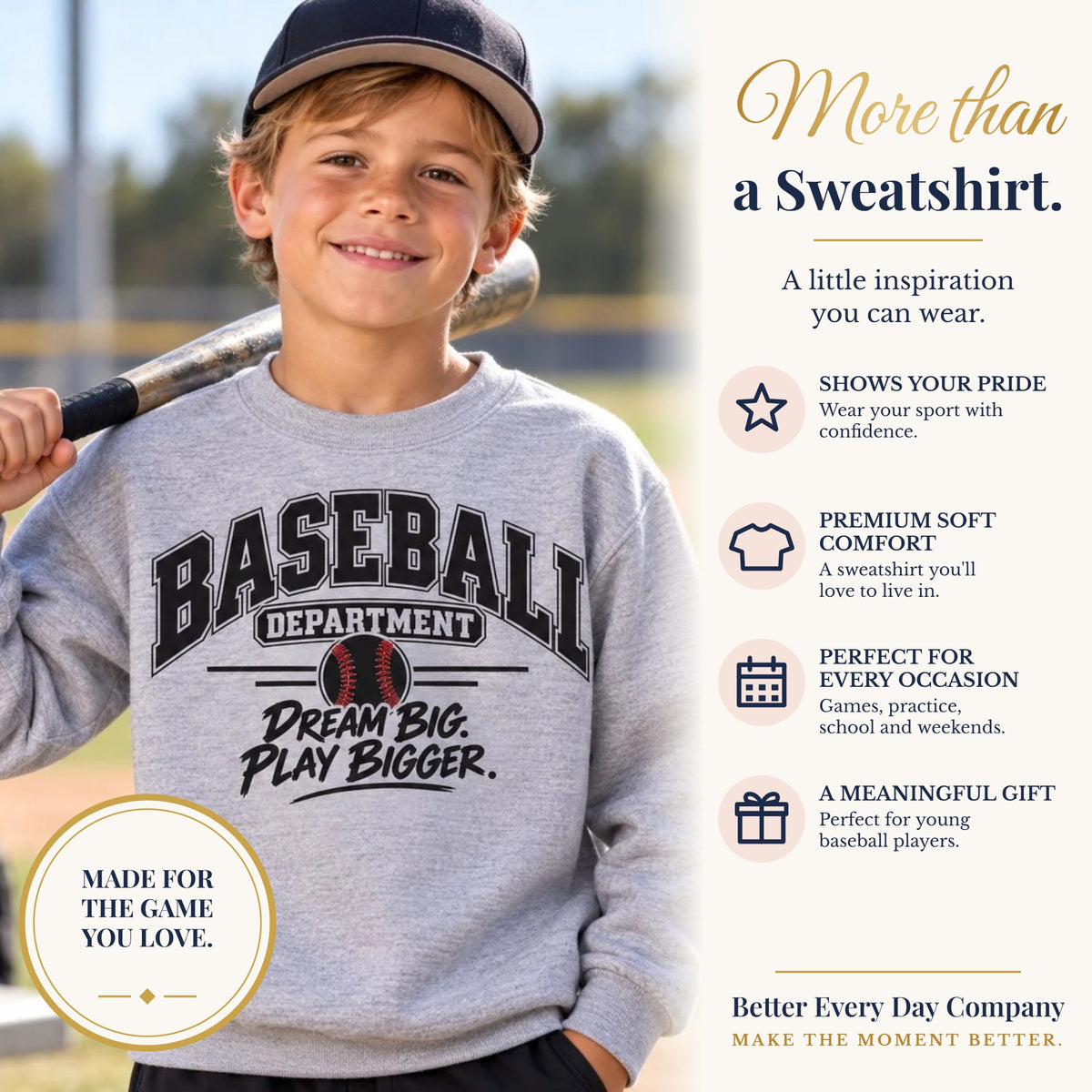 BED-SET-v1 banner | Baseball Department Youth Sweatshirt | Dream Big, Play Bigger | Kids Baseball Youth Crewneck