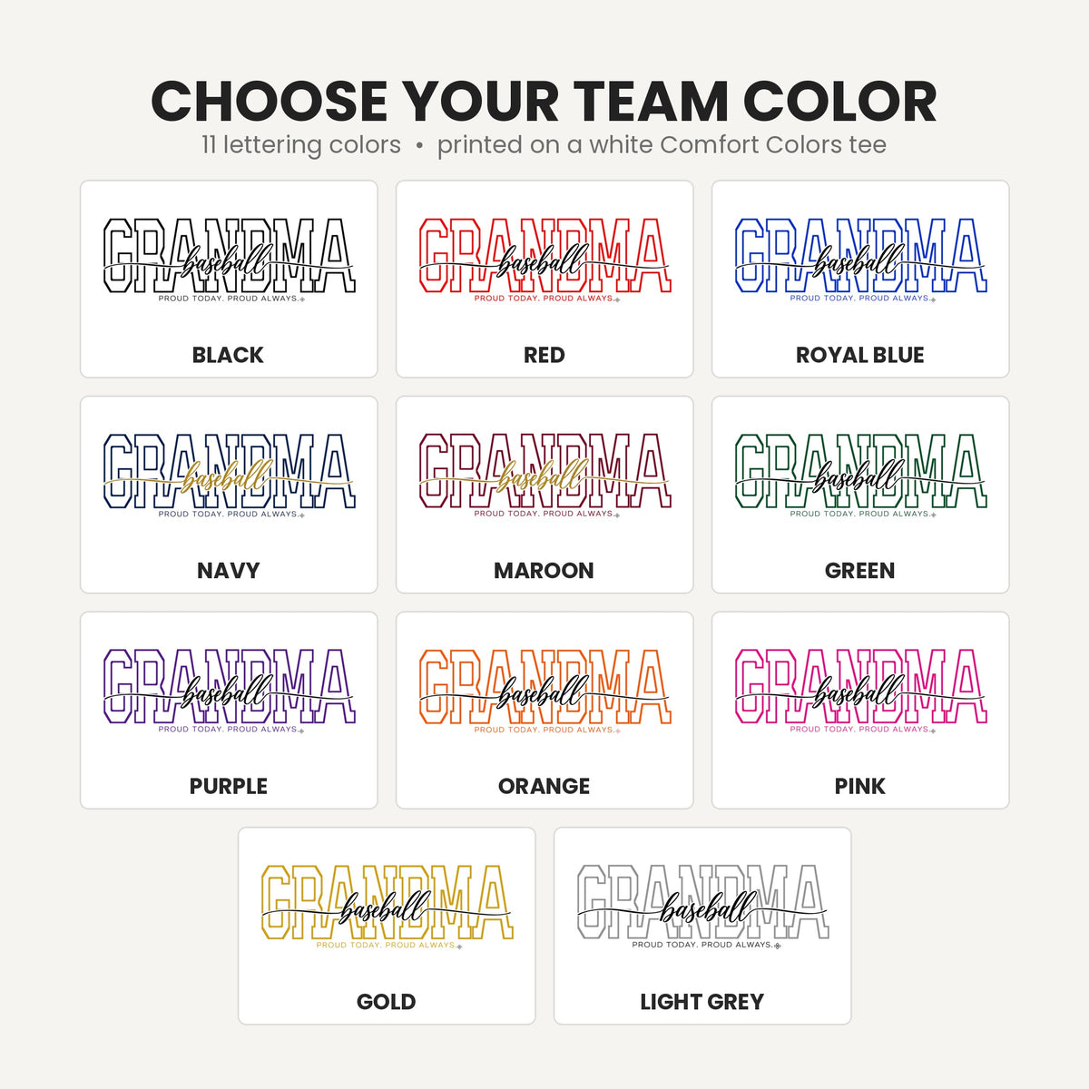 baseball grandma team color chart tall