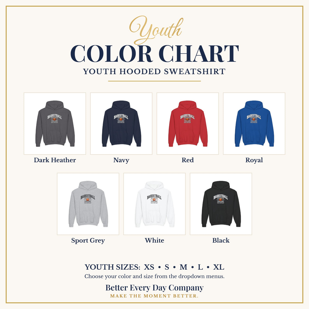 BED-SET-v1 chart | Basketball Athletics Youth Hoodie | Excellence Is Earned With Every Shot | Kids Basketball Youth Hoodie