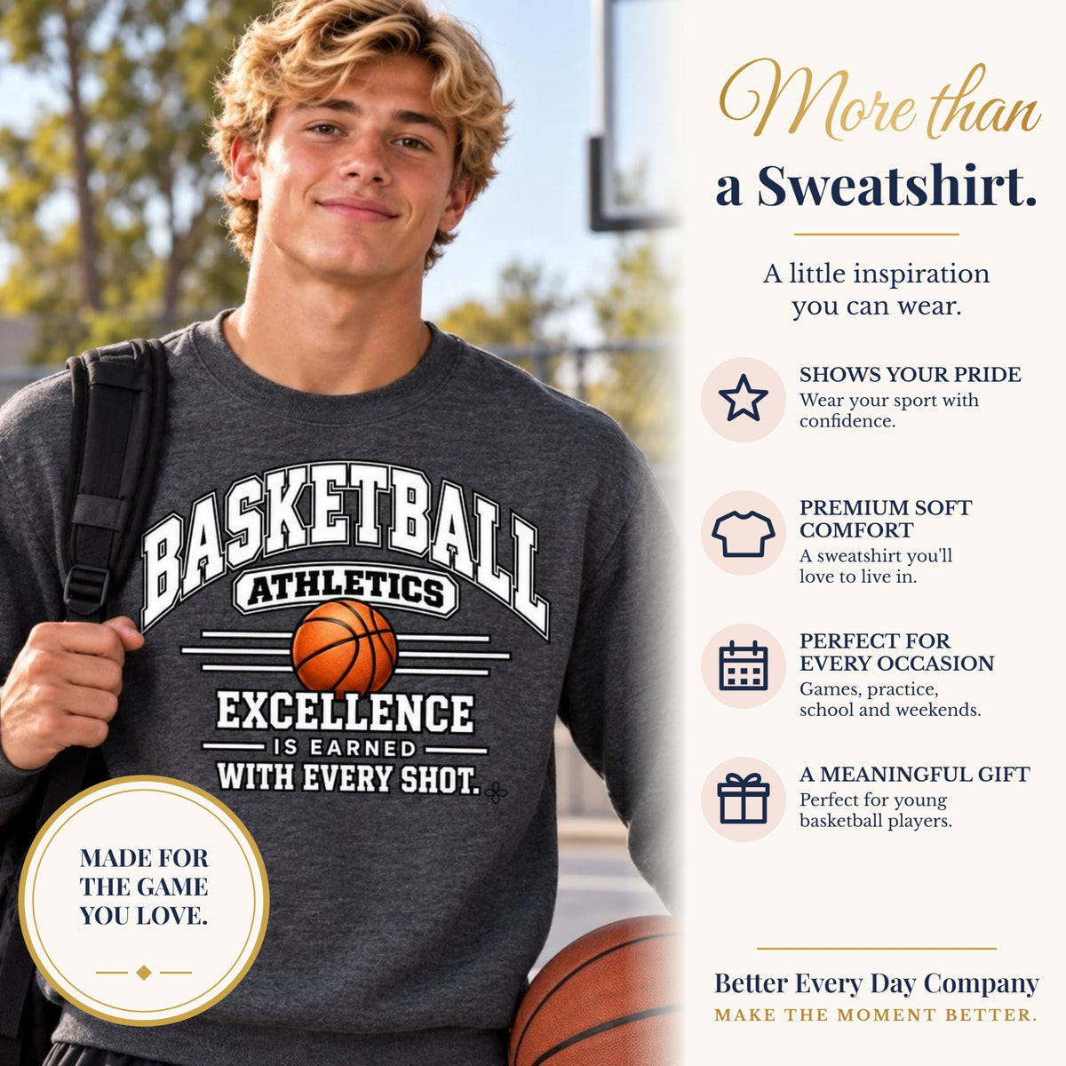 BED-SET-v1 banner | Basketball Athletics Youth Sweatshirt | Excellence Is Earned With Every Shot | Kids Basketball Youth Crewneck