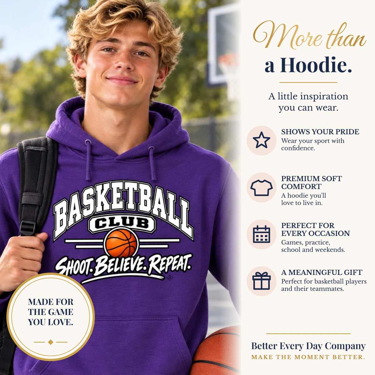 BED-SET-v1 banner | Basketball Club Hoodie | Shoot, Believe, Repeat | Basketball Gildan Hoodie