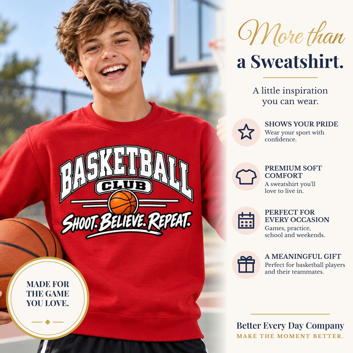 BED-SET-v1 banner | Basketball Club Sweatshirt | Shoot, Believe, Repeat | Basketball Gildan Crewneck