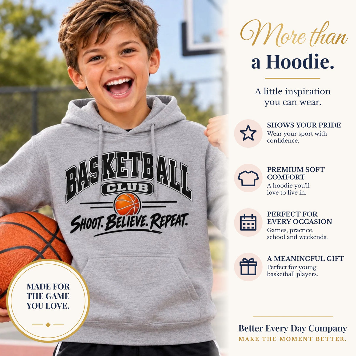 BED-SET-v1 banner | Basketball Club Youth Hoodie | Shoot, Believe, Repeat | Kids Basketball Youth Hoodie
