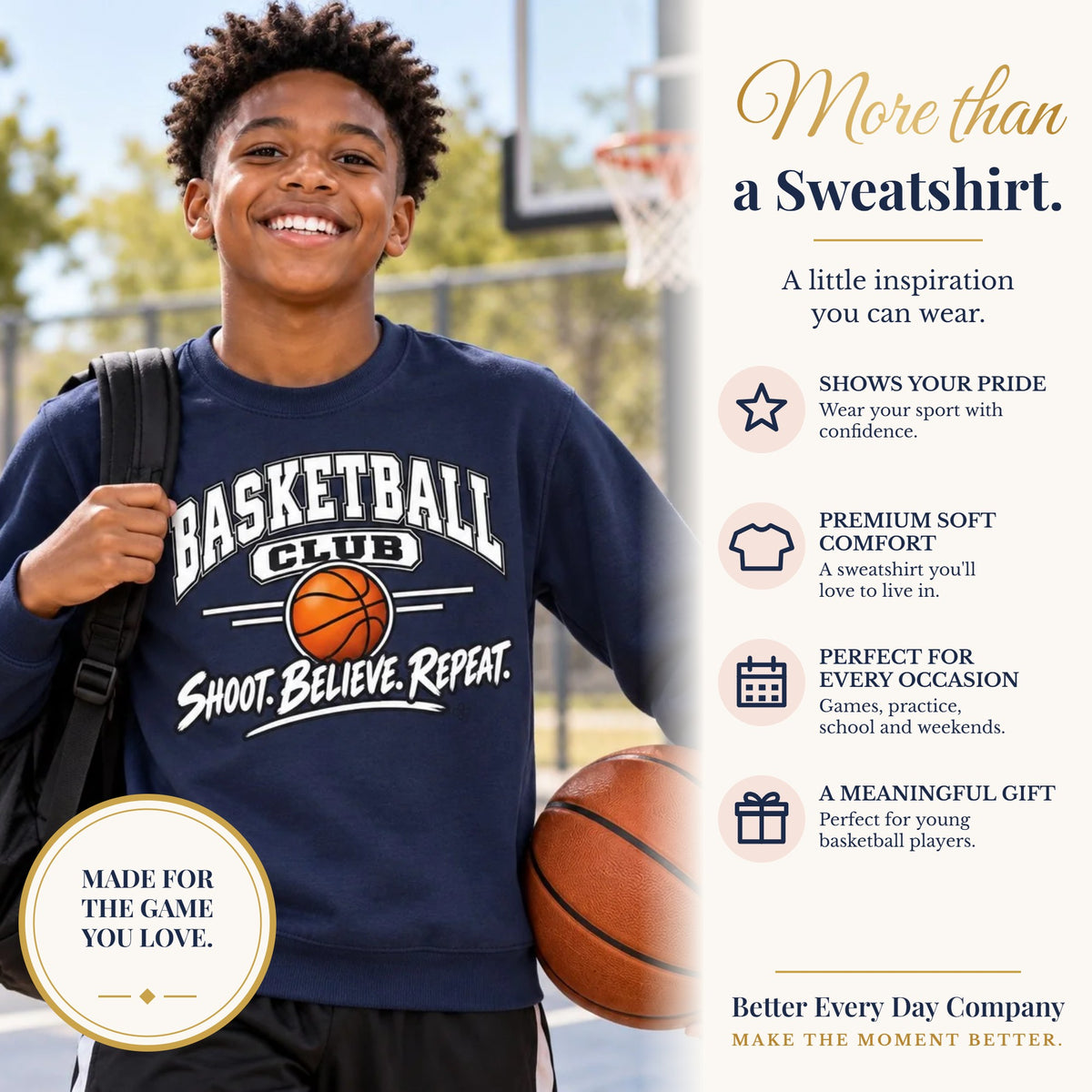 BED-SET-v1 banner | Basketball Club Youth Sweatshirt | Shoot, Believe, Repeat | Kids Basketball Youth Crewneck