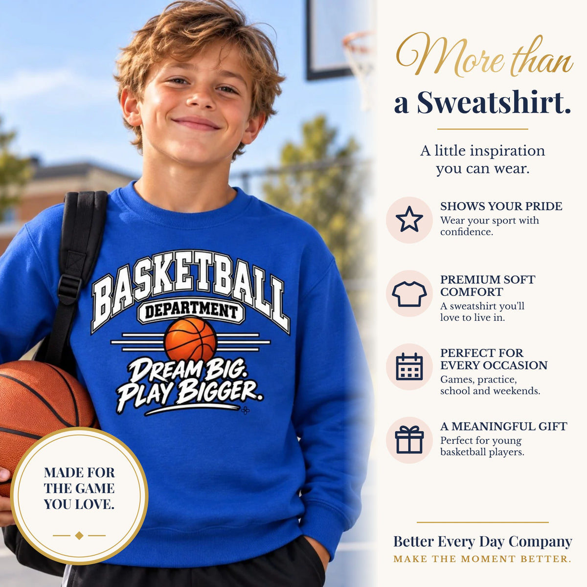 BED-SET-v1 banner | Basketball Department Youth Sweatshirt | Dream Big, Play Bigger | Kids Basketball Youth Crewneck