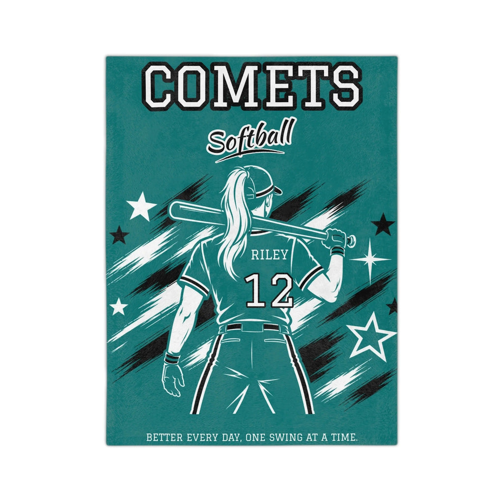 Personalized Softball Blanket - Player Spotlight Design | Custom Team Name, Number & Player Name | 2 Styles, Your Team Colors | Plush Throw