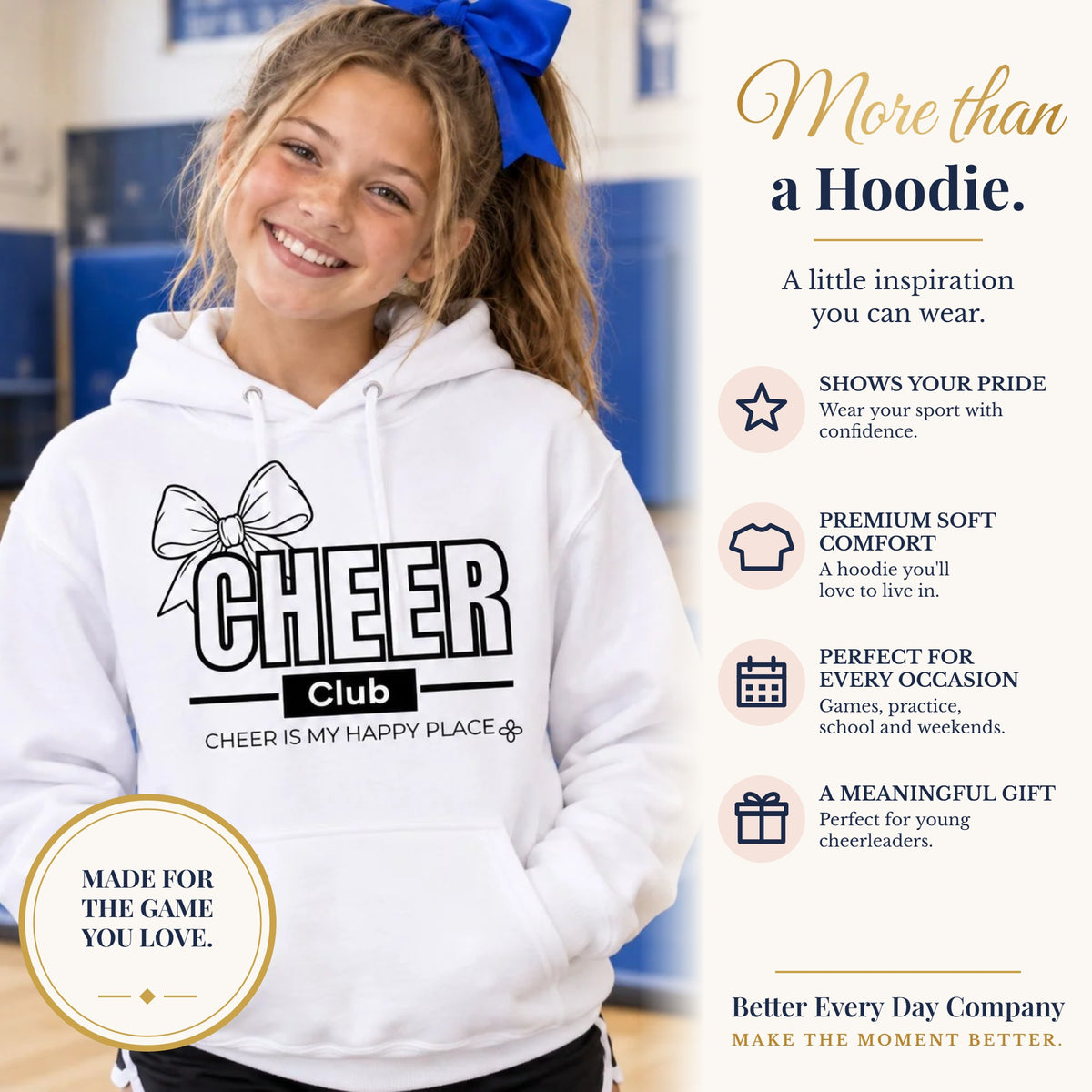 BED-SET-v1 banner | Cheer Club Bow Youth Hoodie | Cheer Bow, Cheer Is My Happy Place | Girls Cheer Youth Hoodie