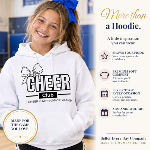 BED-SET-v1 banner | Cheer Club Bow Youth Hoodie | Cheer Bow, Cheer Is My Happy Place | Girls Cheer Youth Hoodie