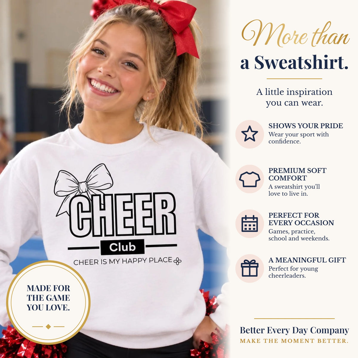 BED-SET-v1 banner | Cheer Club Bow Youth Sweatshirt | Cheer Bow, Cheer Is My Happy Place | Girls Cheer Youth Crewneck