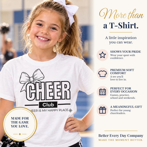 BED-SET-v1 banner | Cheer Club Bow Youth T-Shirt | Cheer Bow, Cheer Is My Happy Place | Girls Cheer Comfort Colors Youth Tee