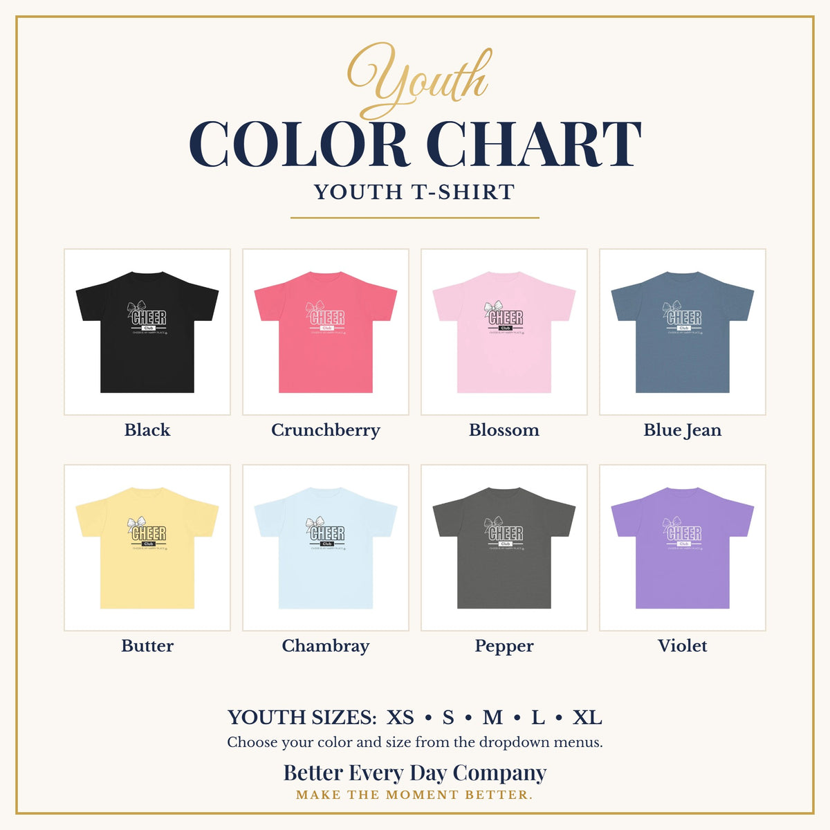 BED-SET-v1 chart | Cheer Club Bow Youth T-Shirt | Cheer Bow, Cheer Is My Happy Place | Girls Cheer Comfort Colors Youth Tee